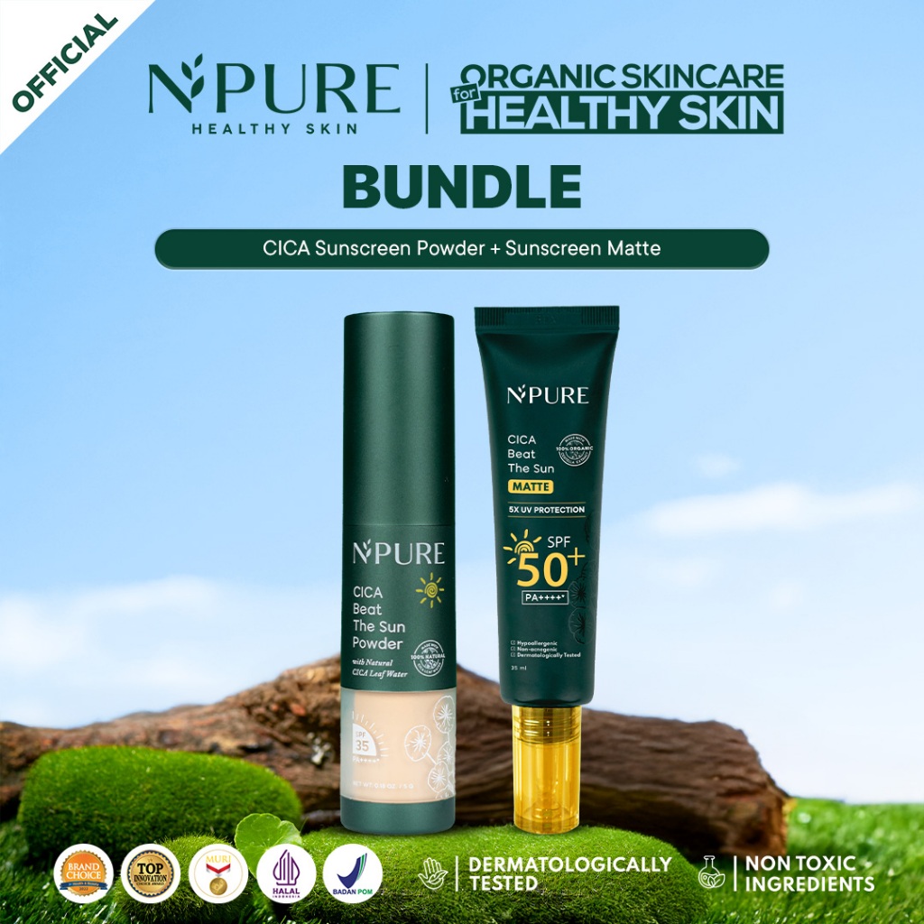 NPURE Bundle Cica Beat The Sun Matte + Cica Beat The Sun Powder / Acne Sunscreen / Untuk Kulit Bermi