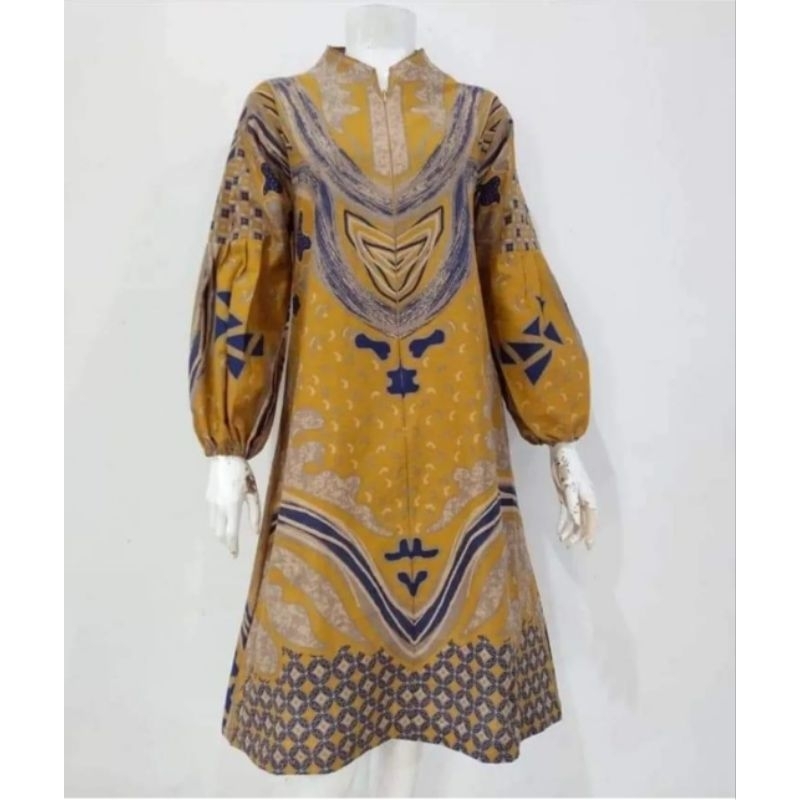 Tunik dress batik bahan katun premium halus motif abstrak kuning  Seragam batik / batik solo kemeja 