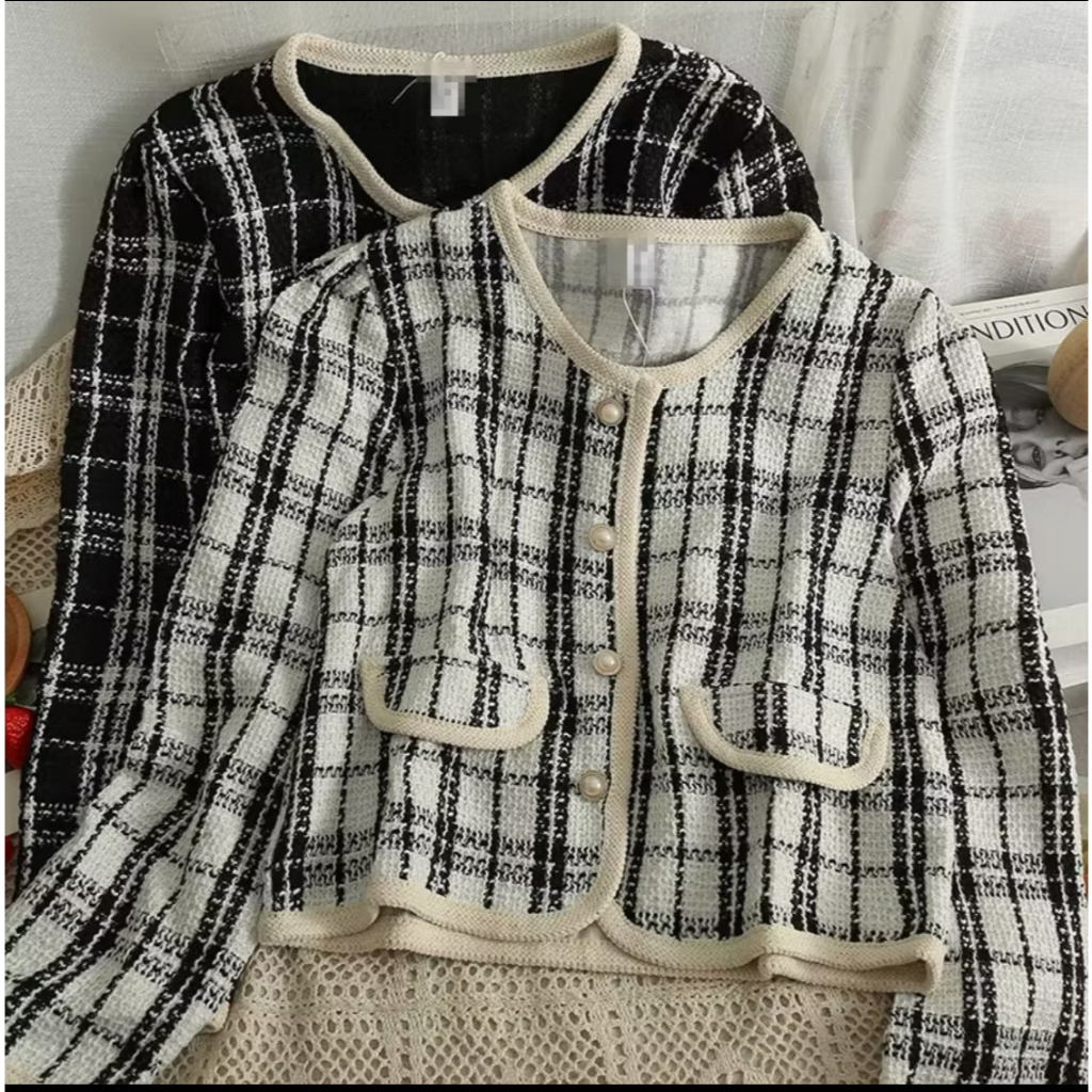 Cardigan Blazer Garis-garis Hitam Putih/ Outer Wanita Knitwear, Casual, Panjang, Baju, Tebal, Atasan