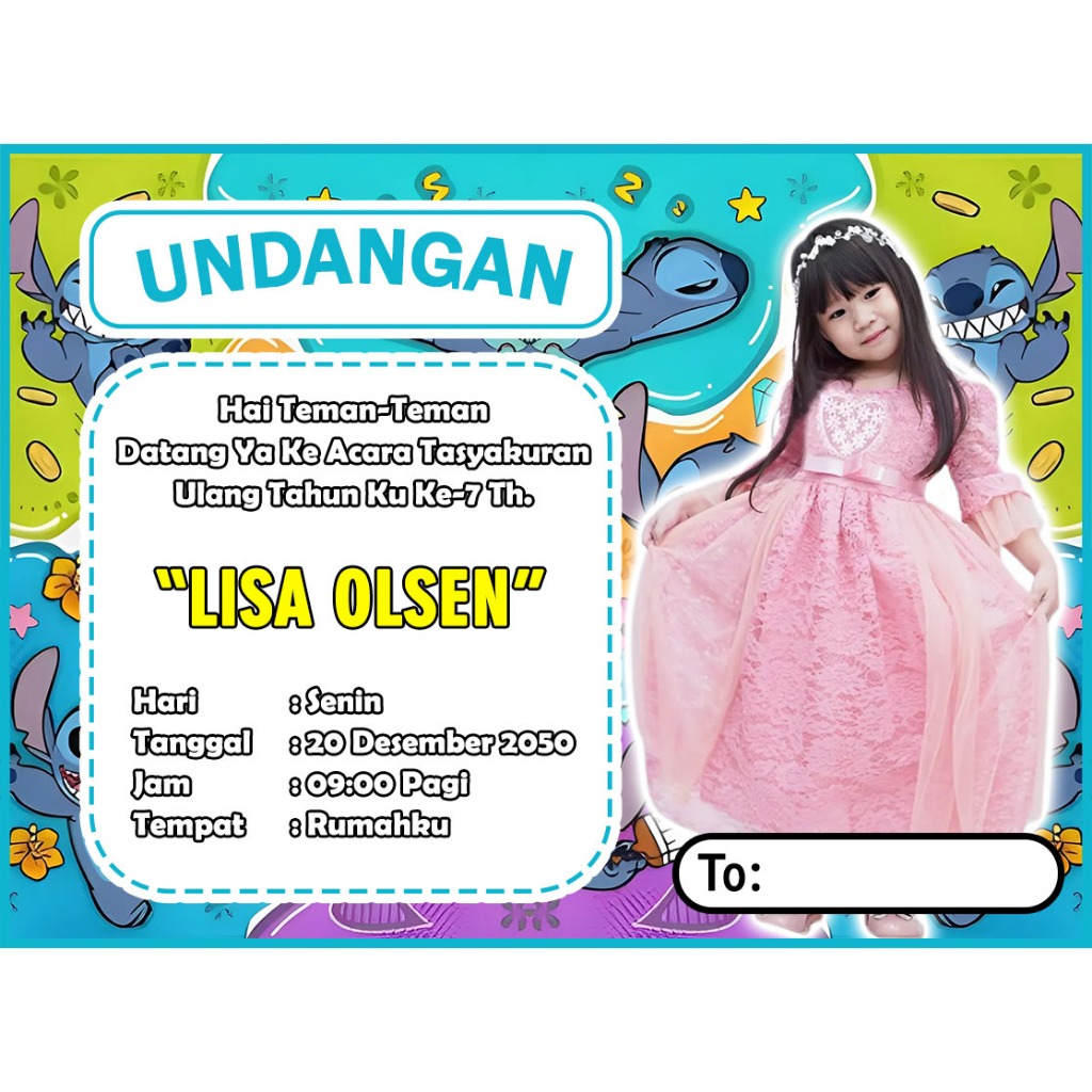 UNDANGAN ULTAH ANAK CUSTOM FOTO MOTIF STITCH