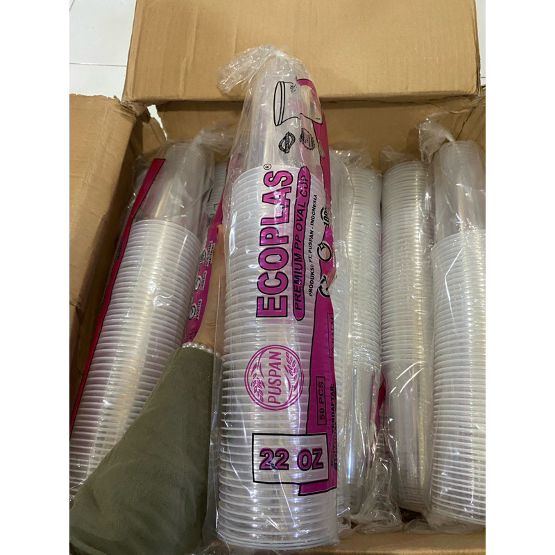 Gelas Plastik Puspan Ecoplas 22oz Oval isi 50pcs 8gram / Gelas Oval Bening 22oz Oval