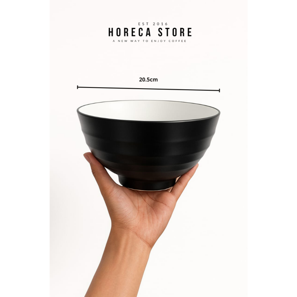 Mangkok Keramik Hitam Inner Putih Ulir 20cm 8Inch