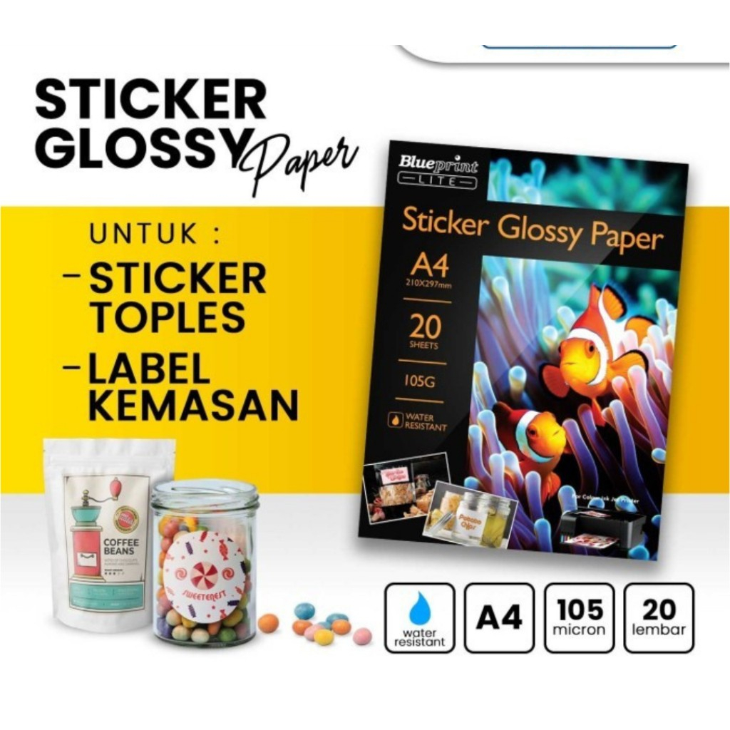 

LITE BL-GSA4105 A4 Kertas Stiker Glossy / Sticker Glossy Paper A4 105 micron BLUEPRINT LITE 20 Lembar - Kertas Foto Sticker WATER