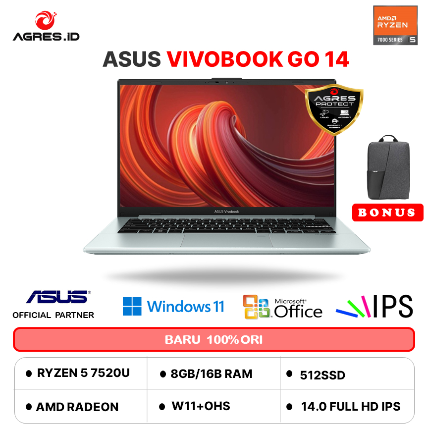 ASUS VIVOBOOK GO 14 E1404FA RYZEN 5 7520 8GB 512GB W11+OHS 14.0FHD BLK -FHD554