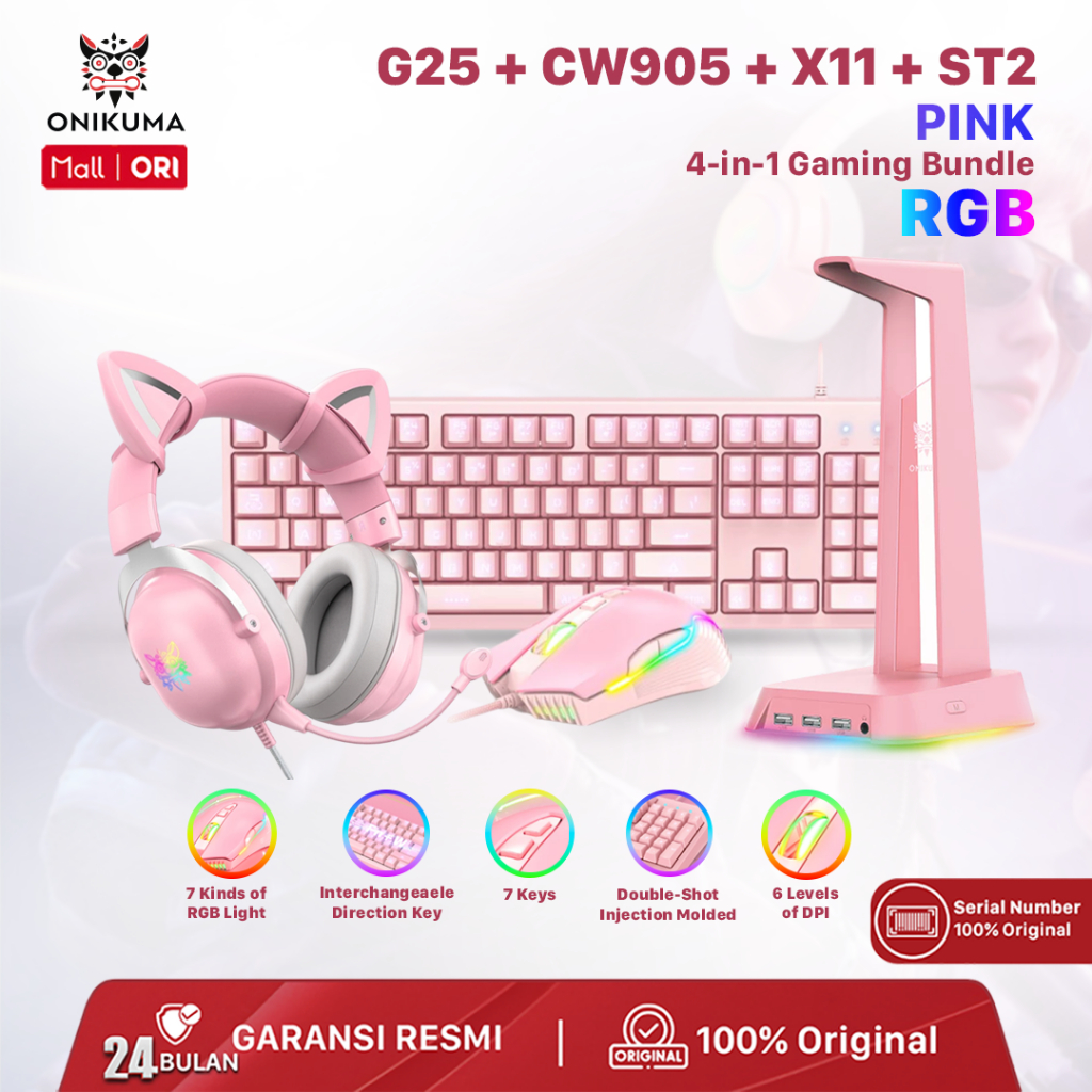 ONIKUMA PAKET SET UP PINK 4 IN 1- HEADPHONE GAMING PINK - HEADPHONE RGB PINK - KEYBOARD GAMING PINK 