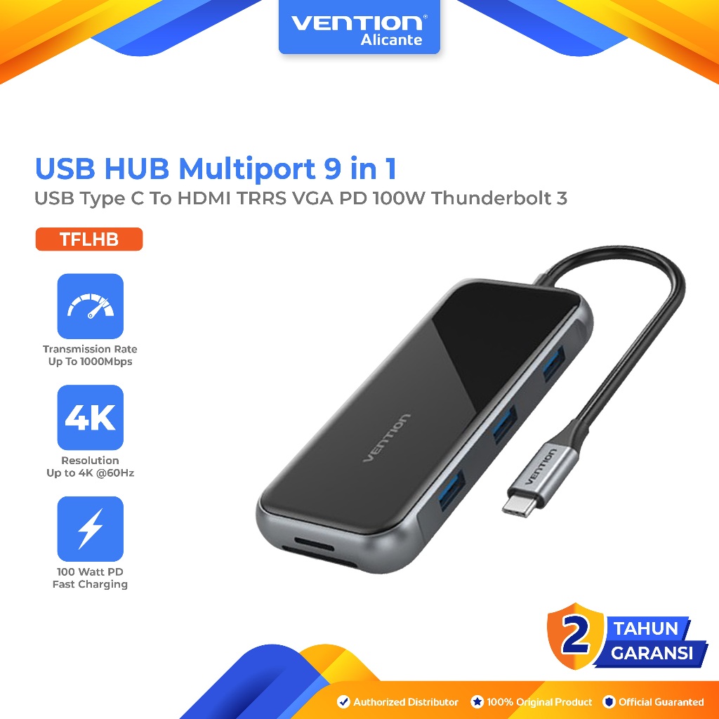 Vention USB HUB Multiport 9 in 1 Docking Station USB Type C To HDMI TRRS VGA PD 100W Thunderbolt 3 -