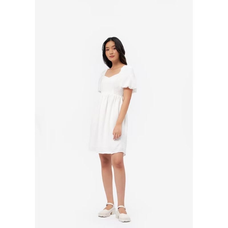 COLORBOX Puff Sleeves Textured Mini Dress Off White Size S