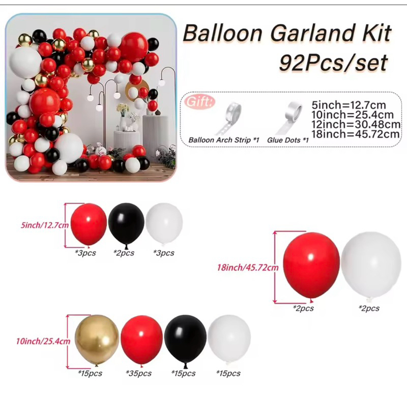 PAKET BALON DEKORASI MERAH PUTIH HITAM GOLD