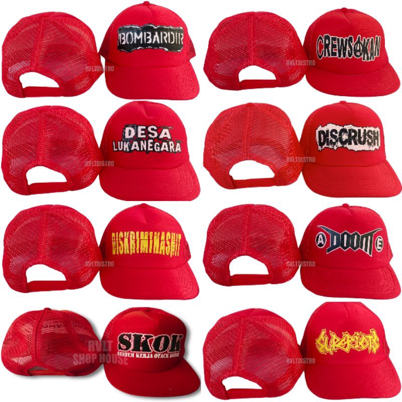 Topi Trucker Jaring Band Punk Merah | Topi Punk | Topi Distro
