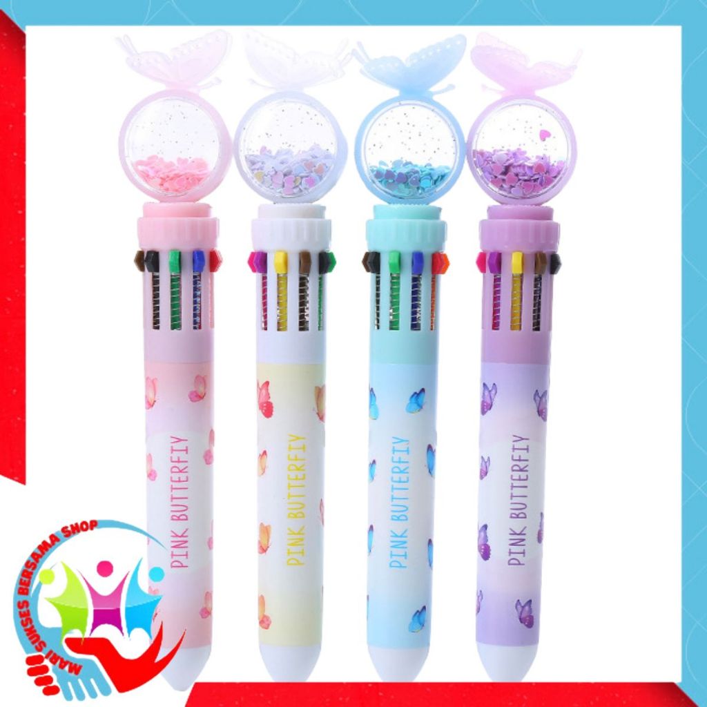 

MSBS Pulpen Gliter Motif Kupu-Kupu Pulpen 10 Warna Aesthetic Pena Ballpoint Karakter Lucu