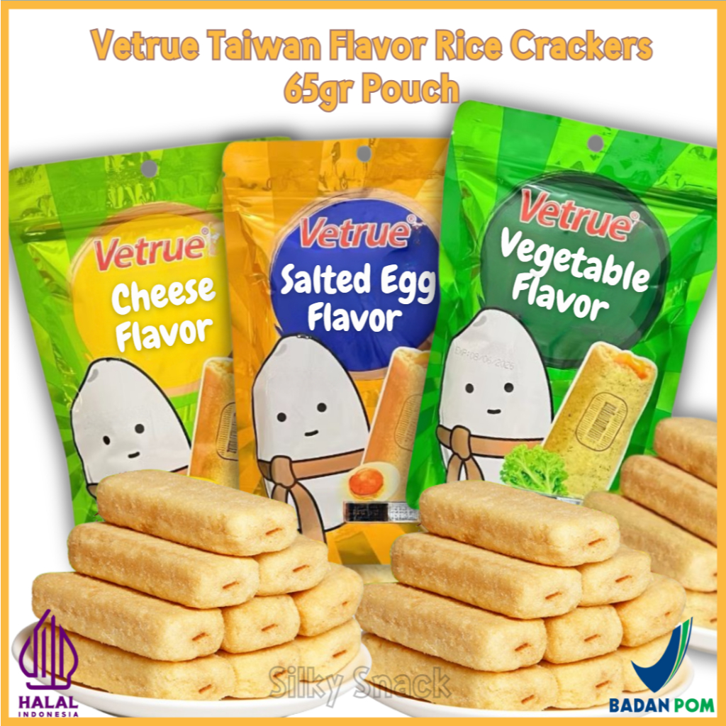 

Vetrue Taiwan Flavor Rice Crackers 65gr Pouch Varian Rasa Vegetable / Salted Egg / Cheese/ Kerupuk Beras Vetrue 3 Varian Rasa Pouch