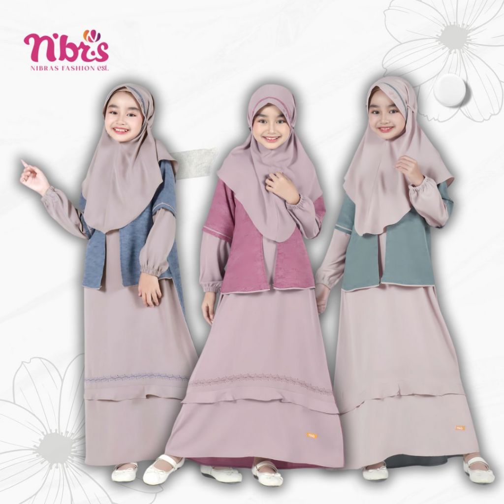 Nibras Sarimbit Areta Gamis Anak Perempuan Warna Pastel Green Navy Maroon Set Hijab Lebaran 2025
