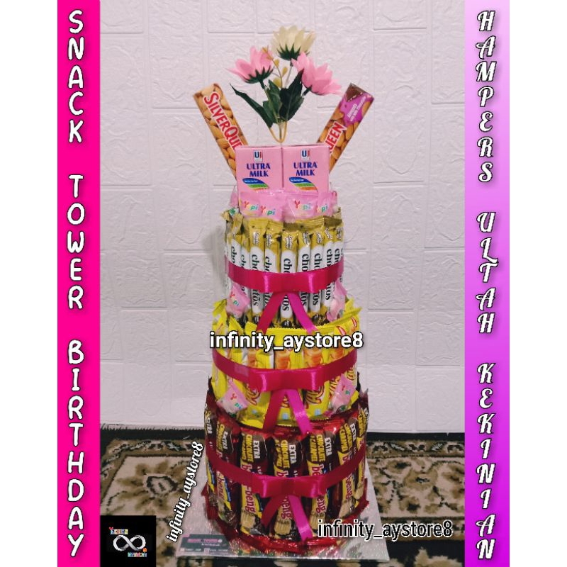 

Snack Tower Birthday / Hampers Ultah / Hadiah Ultah Kekinian / Hadiah Khitanan / Hadiah Lomba / Hadiah Wisuda