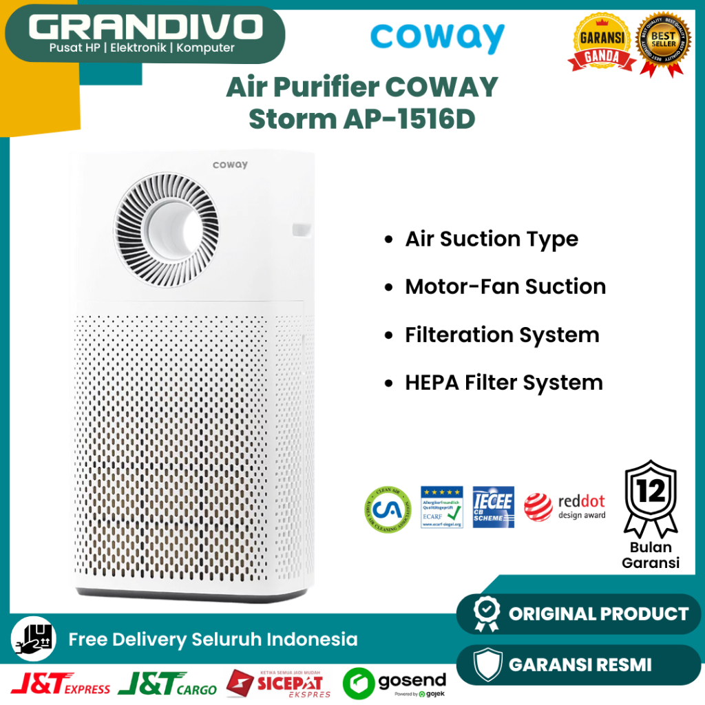 [PAKET 7 TAHUN] Air Purifier Coway Storm AP-1516D Pemurni Udara/ Filter Udara Low Watt HEPA Filter S