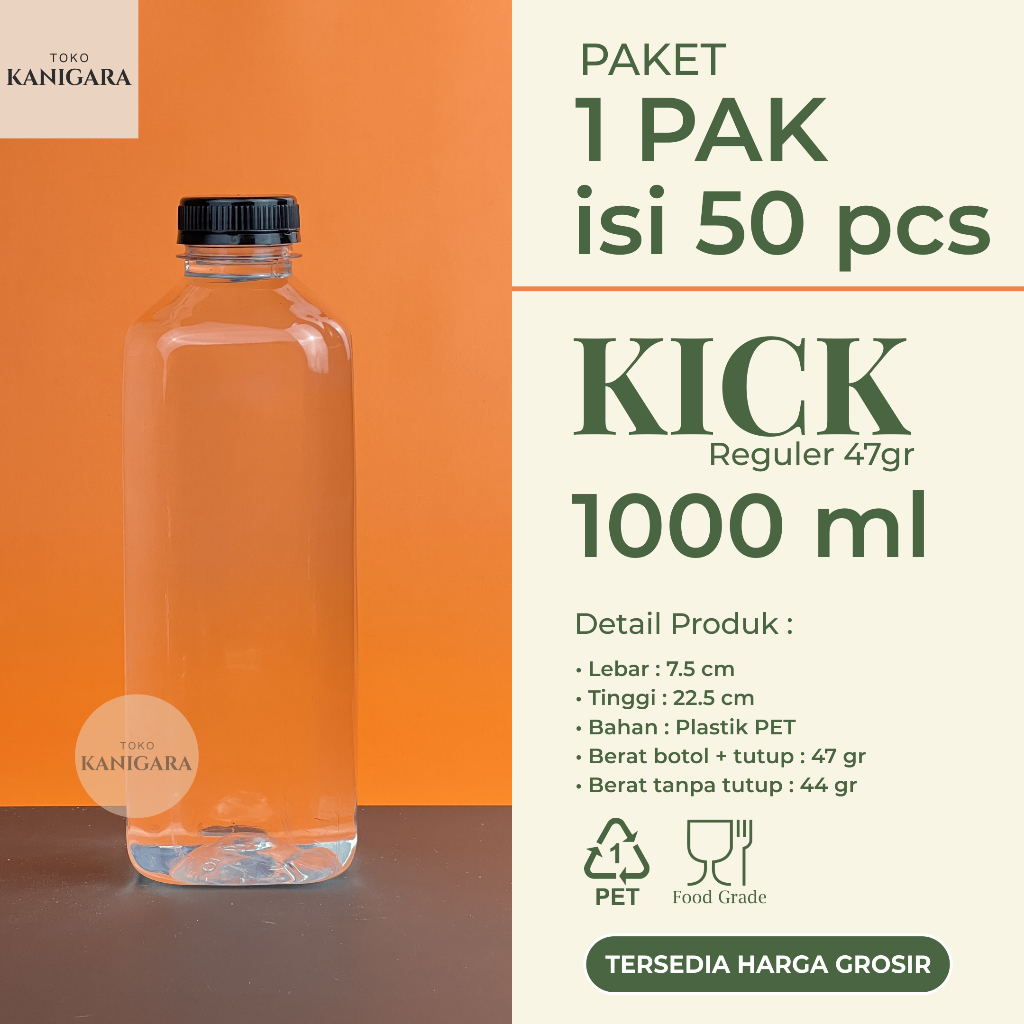 Botol Kick 1 Liter REGULER - 1 PAK Isi 50 Pcs - Botol Plastik Kick 1000ml GROSIR - Kemasan Minuman