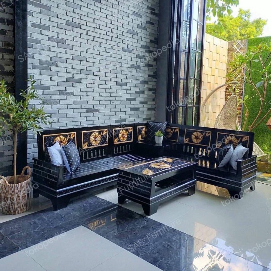 kursi sofa ruang tamu jati minimalis leter L siku sudut pojok