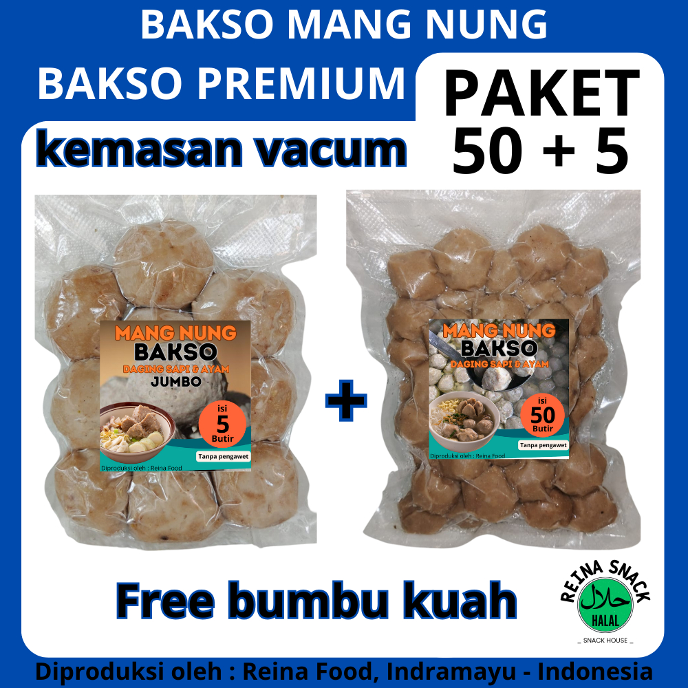 

PAKET ISI 50 + 5 JUMBO BAKSO PREMIUM KOMBINASI DAGING SAPI DAN AYAM FREE BUMBU KUAH