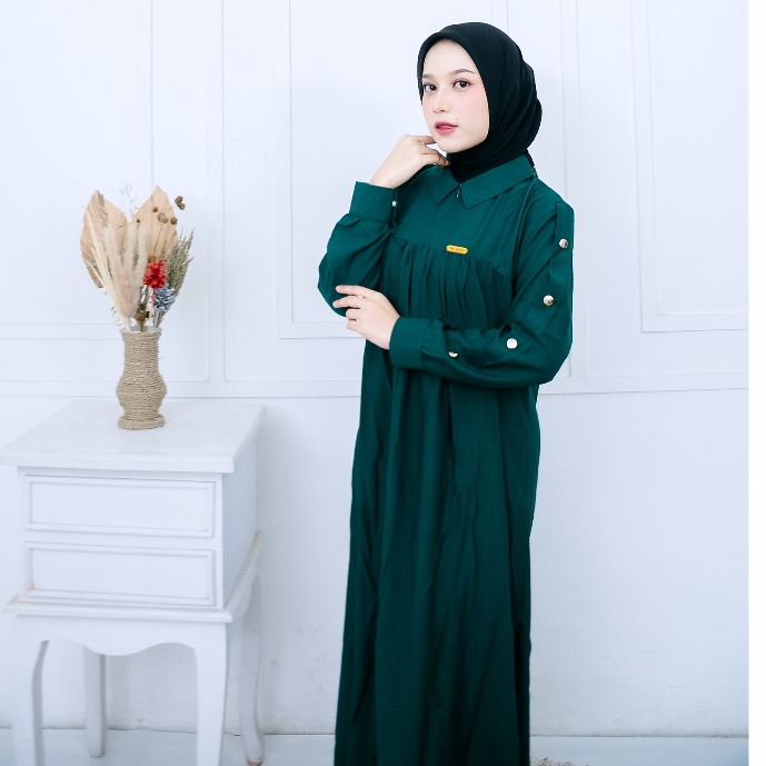 Midi dress muslim motif polos lengan kancing pasif bahan katun poli linen premium