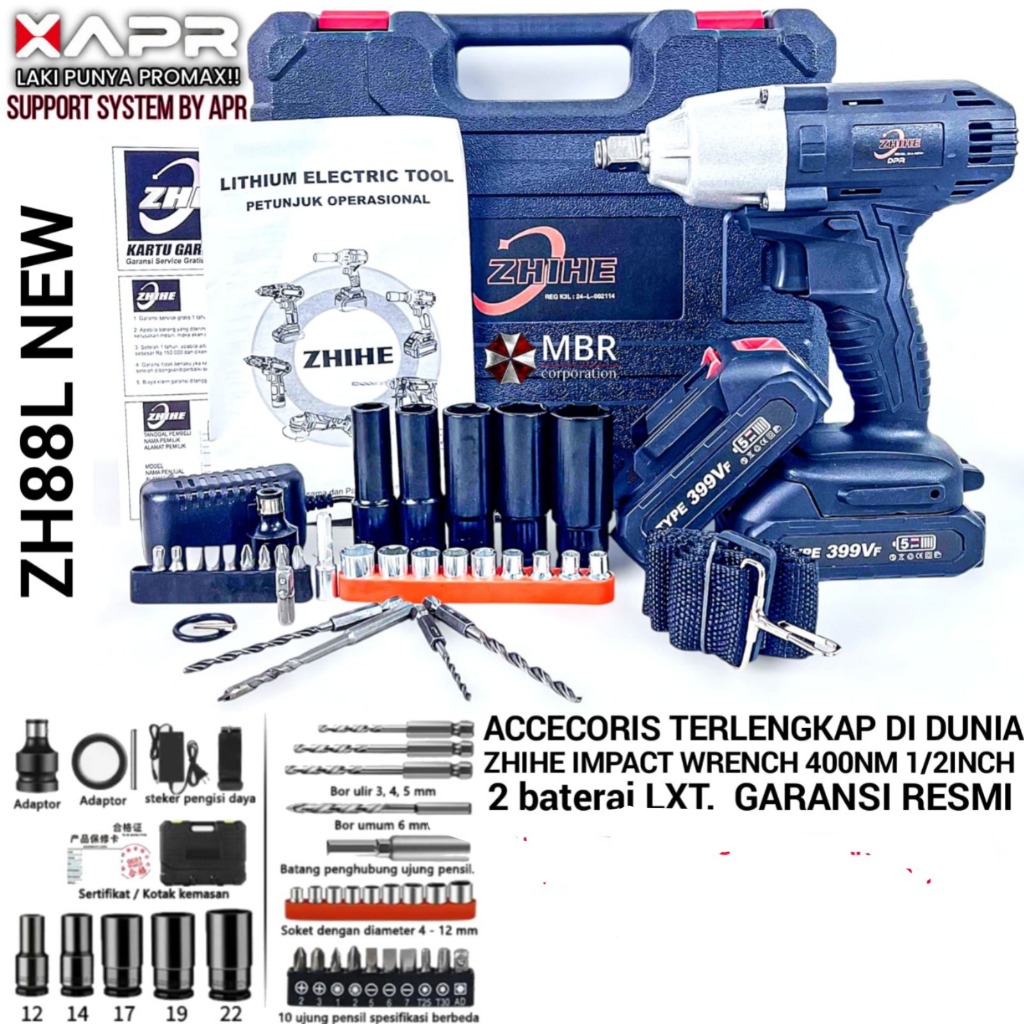 BOR IMPACT WRENCH ZH88L NEW 1/2 INCH 400NM 2 BATERAI FULLSET ACC  ZHIHE ZH88L NEW SUPPORT BY XAPR