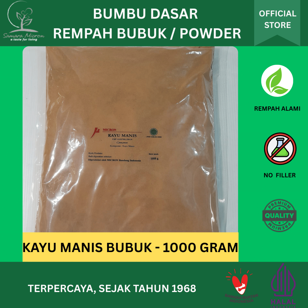 

Bumbu Dasar Samara Micron - Bumbu Kayu Manis Bubuk - Rempah Kayu Manis Bubuk / Cinnamon Bubuk 1000 GRAM