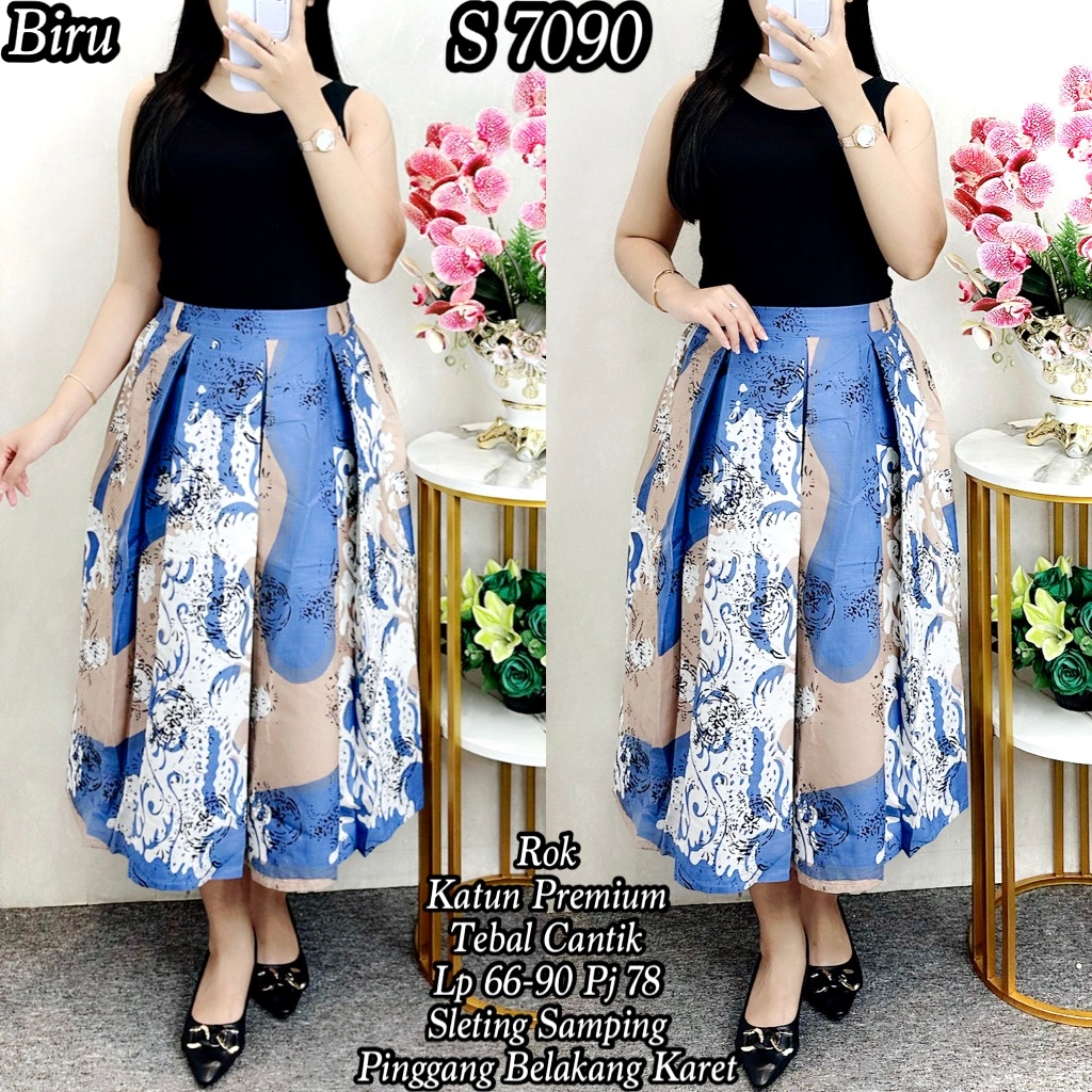 S 7090 #Rok Katun Batik Rempel Skirt Midi Bawahan Wanita