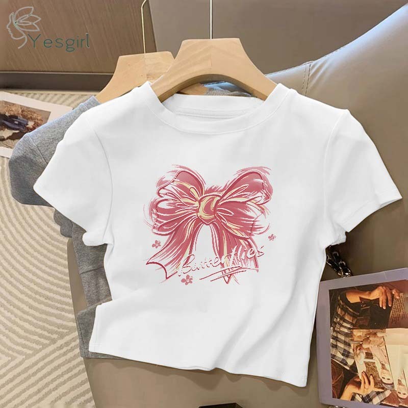 BESTPROMO YESGIRL T-SHIRT CROP TOP LENGAN PENDEK KAOS WANITA CROP TOP KOREA KUPU-KUPU KAOS CROP