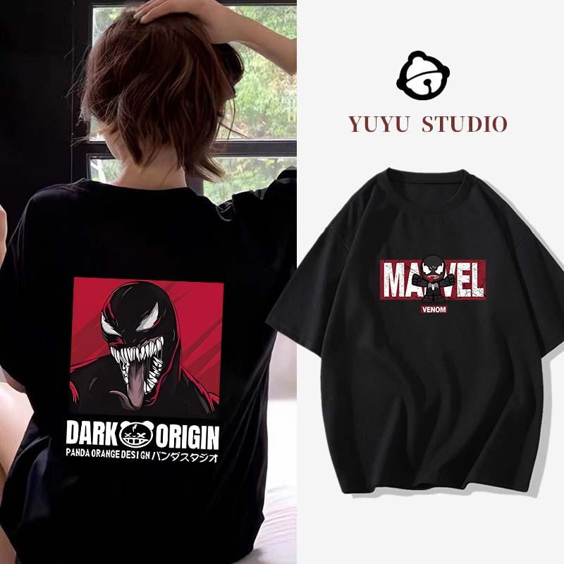 YUYU STUDIO T shirt oversize Cetakan Venom Marvel Kaos Wanita Lengan Pendek|Kaos Wanita Distro Origi