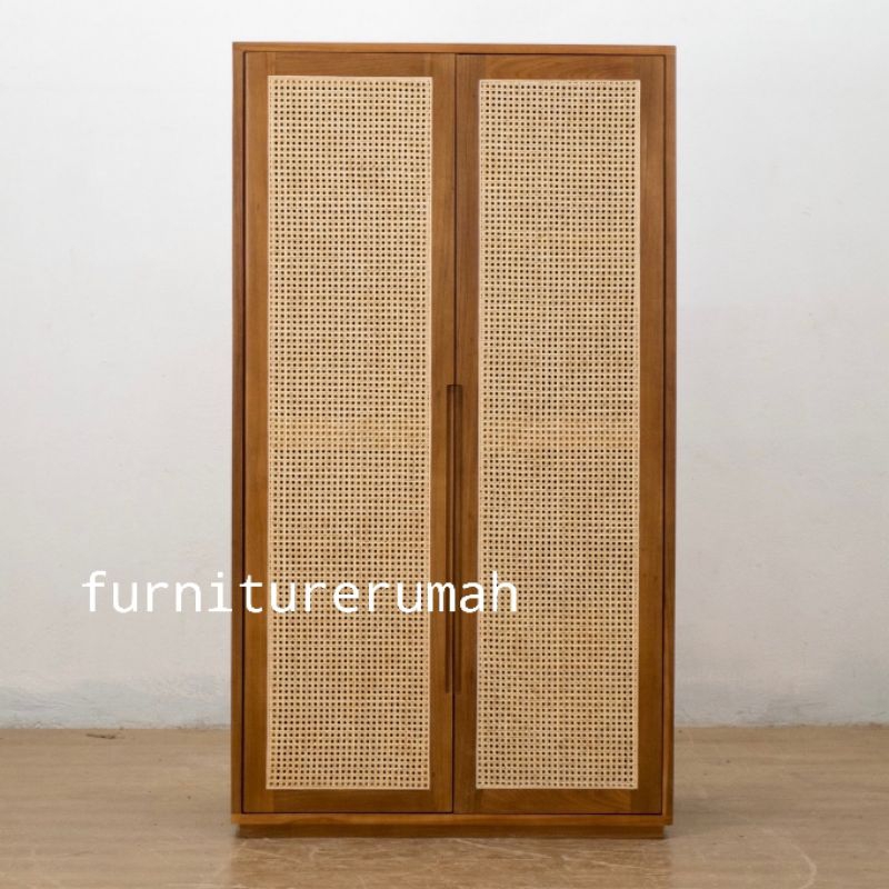 lemari pakaian 2 pintu rotan kayu jati minimalis, lemari pakaian kayu jati 2 pintu minimalis