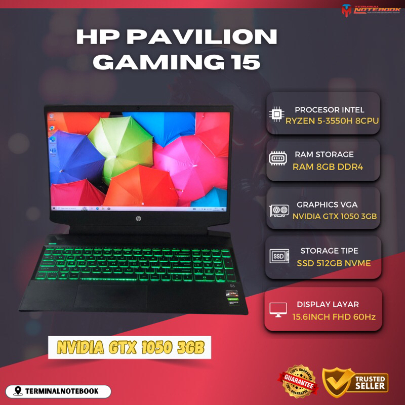 HP pavilion gaming 15-Ec0001AX Ryzen 5-3550H Ram 16GB SSD 512GB Nvidia GTX 1050