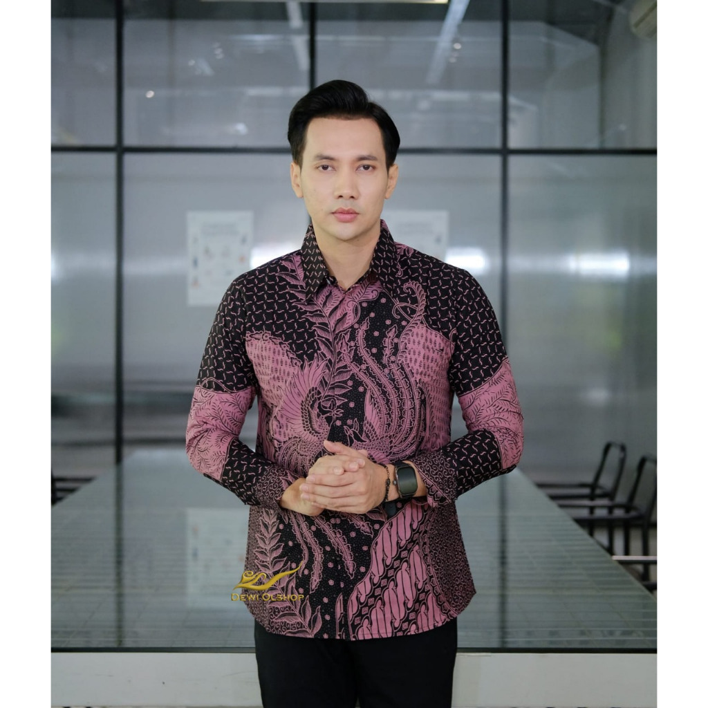 KEMEJA BATIK PRIA PREMIUM LENGAN PANJANG WARNA UNGU BAHAN KATUN LAPIS FURING ORIGINAL