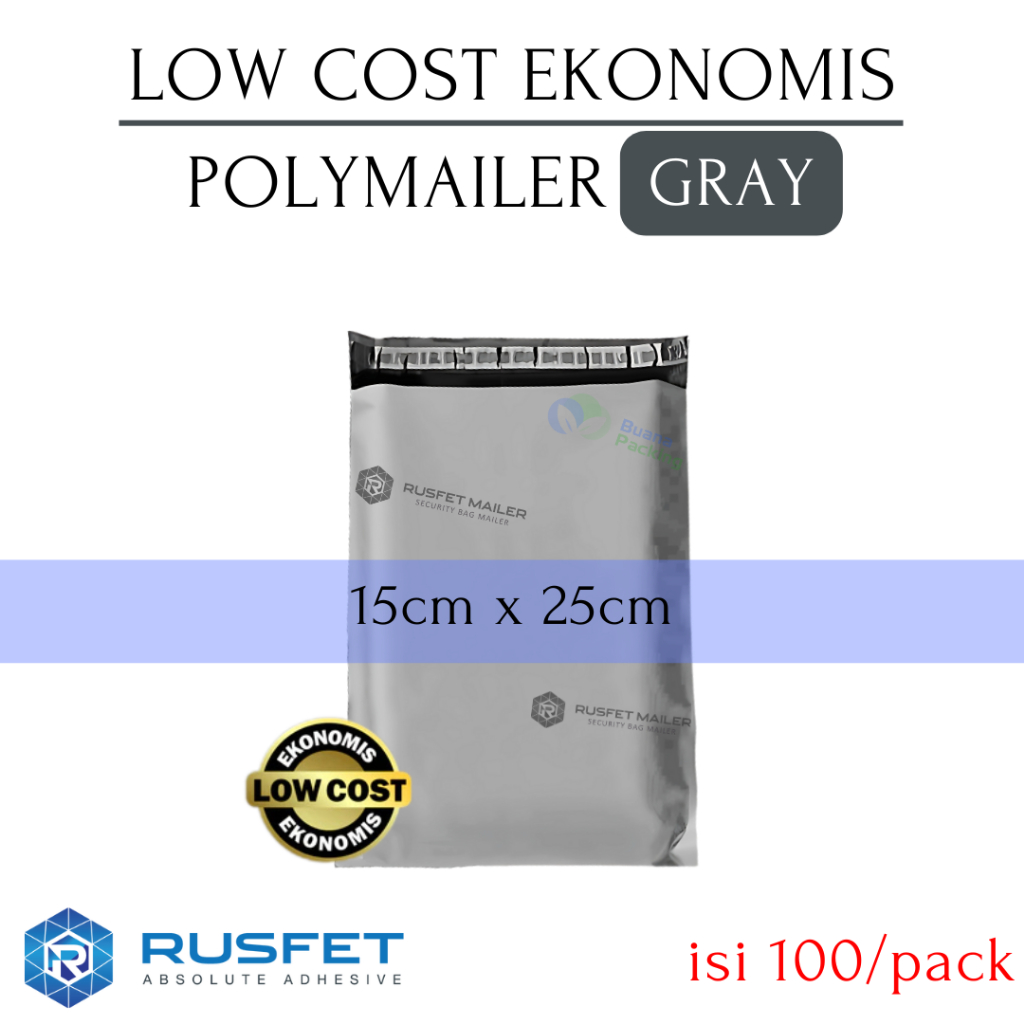 

RUSFET LOW COST POLYMAILER GRAY - PLASTIK PACKING OLSHOP POLIMAILER SUPER EKONOMIS 15x25