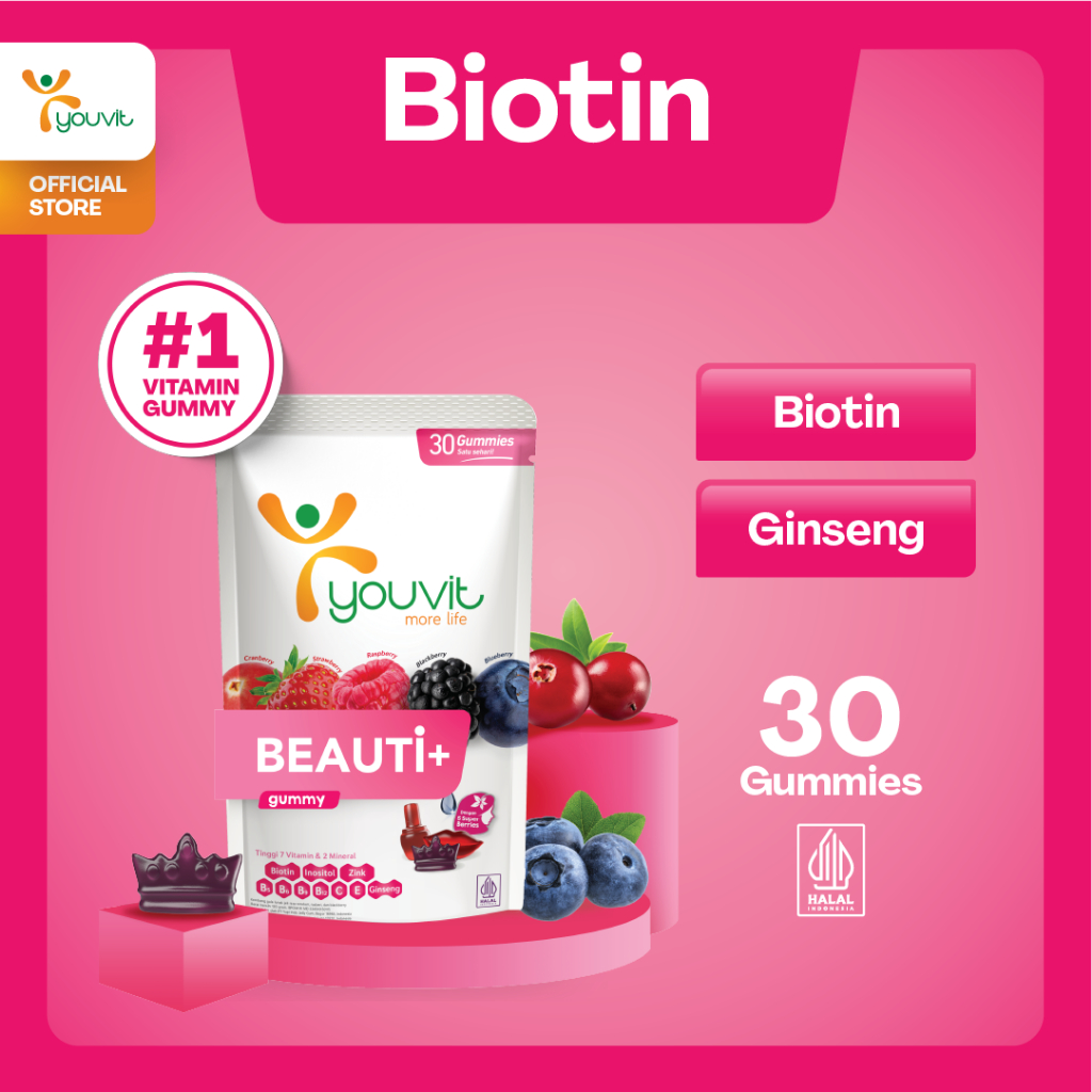 Biotin Gummy untuk Vitamin Rambut Rontok Wanita | Youvit Beauti+ 30 Hari
