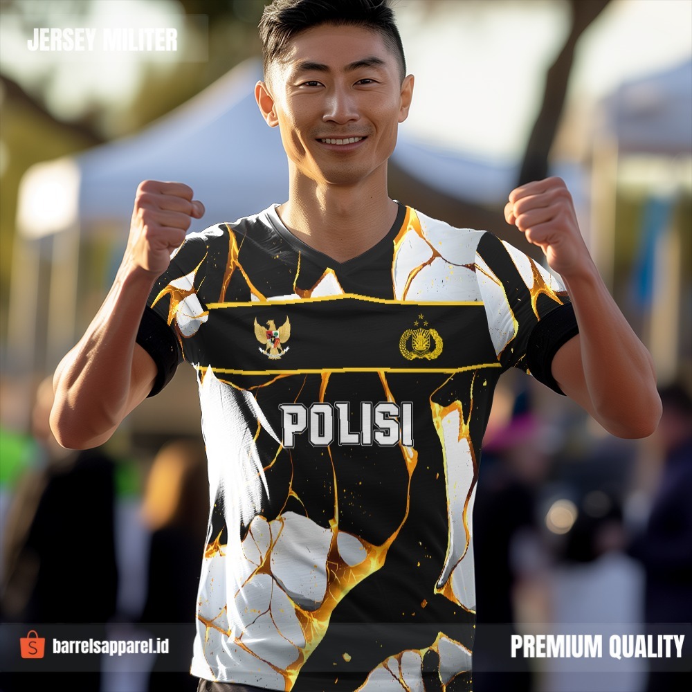 Kaos Jersey Polisi Polri Hitam Putih Gold Motif Abstrak 11 - Jersey Custom Olahraga Full Printing