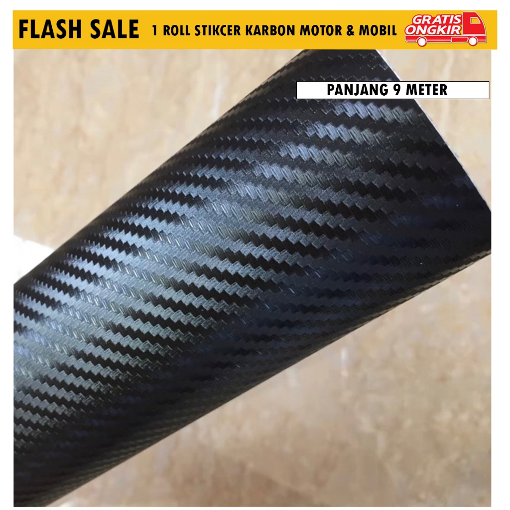 Stiker Skotlet Karbon 3D Hitam Panjang 9 Meter  Sudah Ada Lem  Rekat Tahan Lama