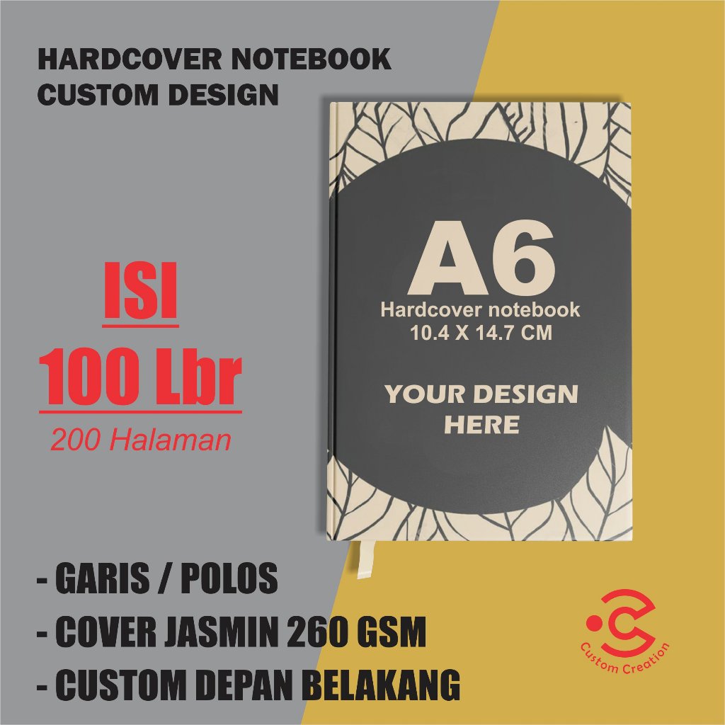 

NOTEBOOK HARDCOVER CUSTOM COVER DEPAN BELAKANG A6 (100 lembar)