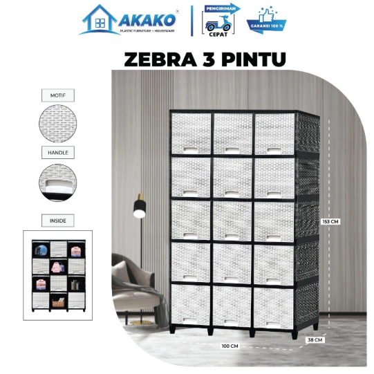 AKAKO - Lemari Pakaian Plastik Akako Lemari Flip 3 Pintu Susun - Lemari Zebra Dan Panda 3 Pintu Susu