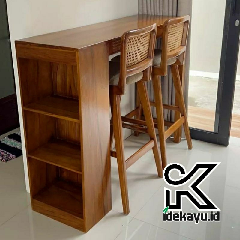 SET MEJA MINI BAR KURSI ROTAN | MEJA BAR CAFE MINIMALIS JATI