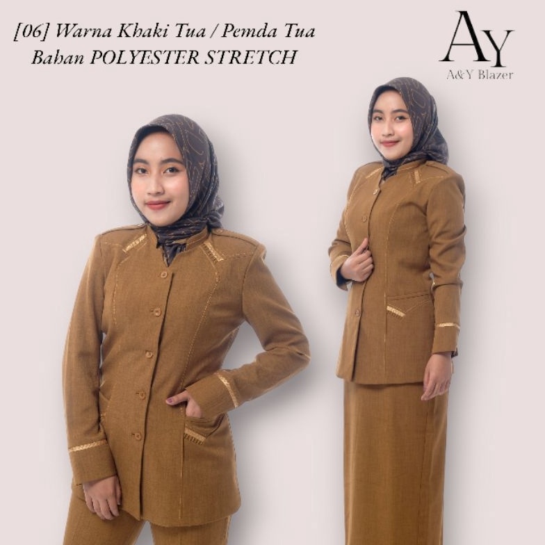 KODE O56S 6  BAHAN TEBAL  AY Blazer Baju Seragam PDH pemda Guru  PNS Wanita Warna Khaki Tua  Khaki M