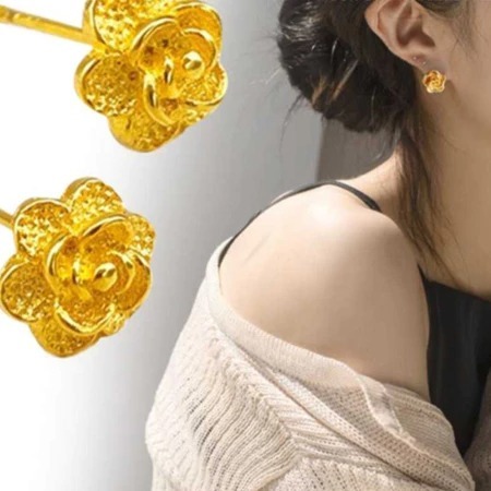 Anting Tusuk Motif Bunga / Mawar Warna 24 Karat Lapis Emas