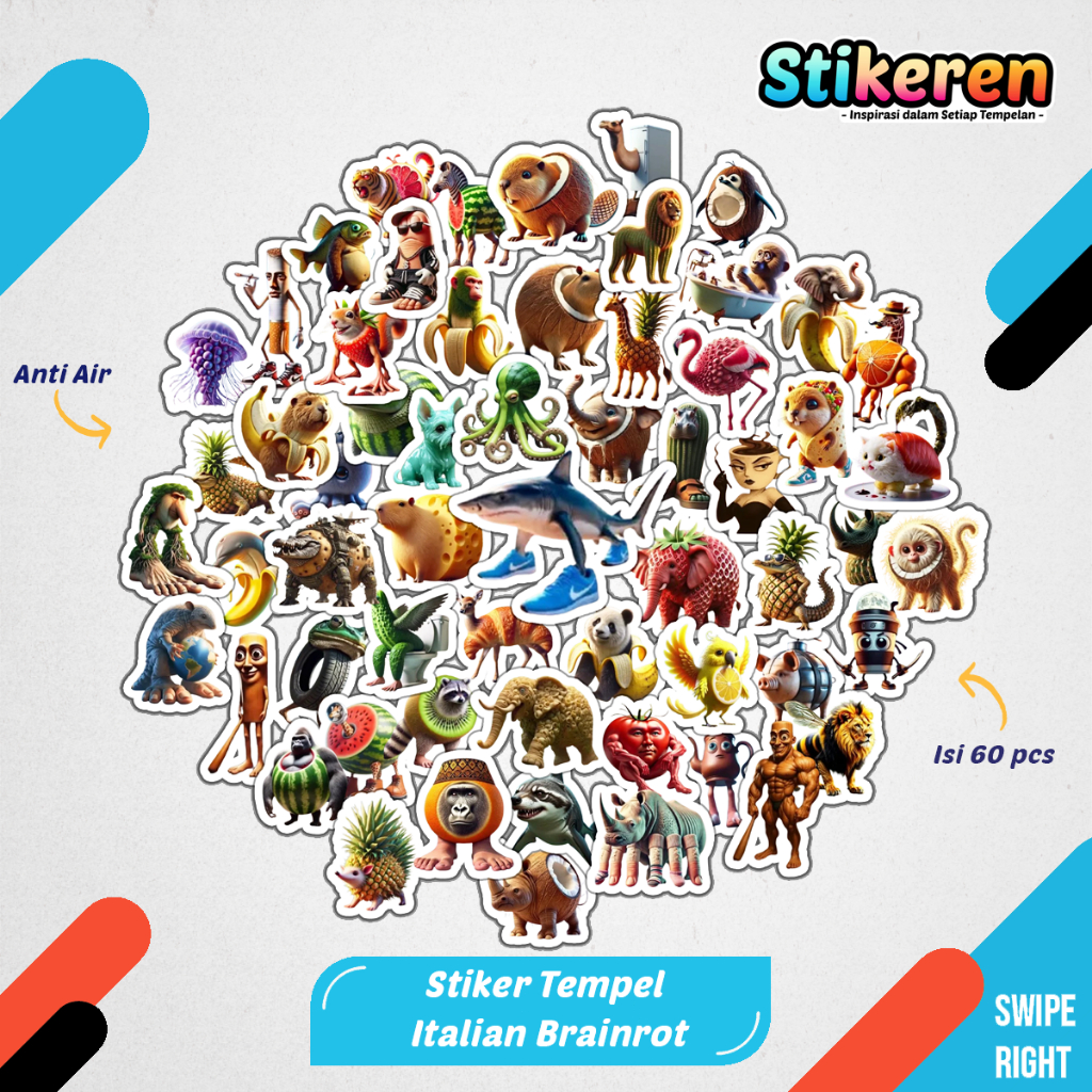 

Stiker Kartun Brainrot Anomali Italia Paper Vinyl Dekorasi Laptop Koper Tumbler Kulkas DIY