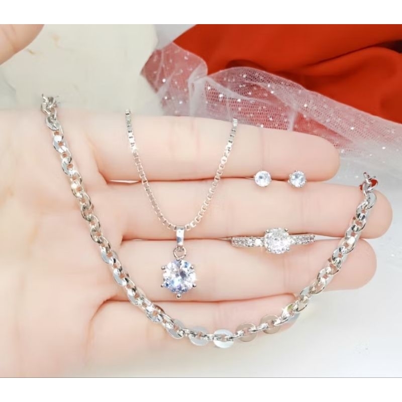 SET PERHIASAN SILVER MATA PUTIH ANTI KARAT TITANIUM