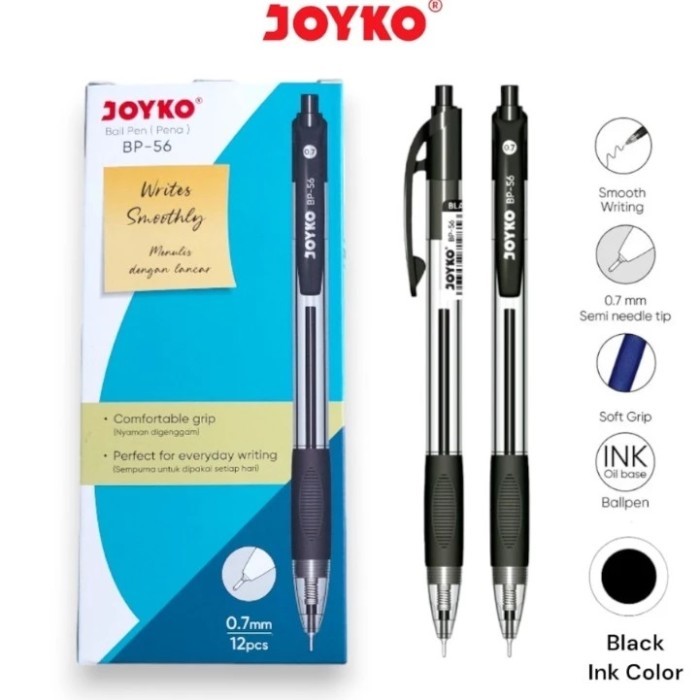 

Pulpen Joyko BP-56 0.7mm Retractable 12 pcs Hitam