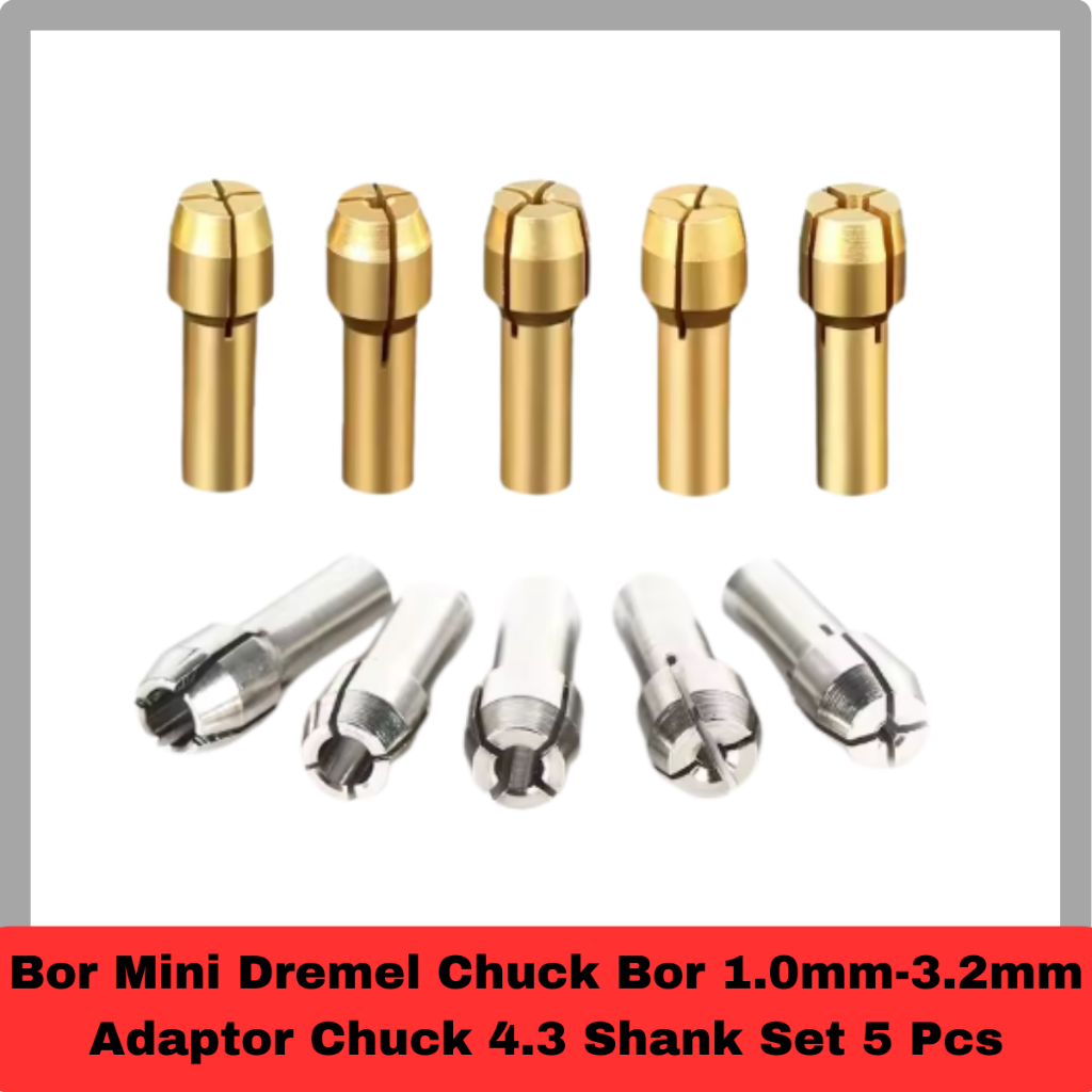 Bor Mini Dremel Chuck Bor 1.0mm-3.2mm Adaptor Chuck 4.3 Shank Set 5 Pcs Kuning/Silver Random