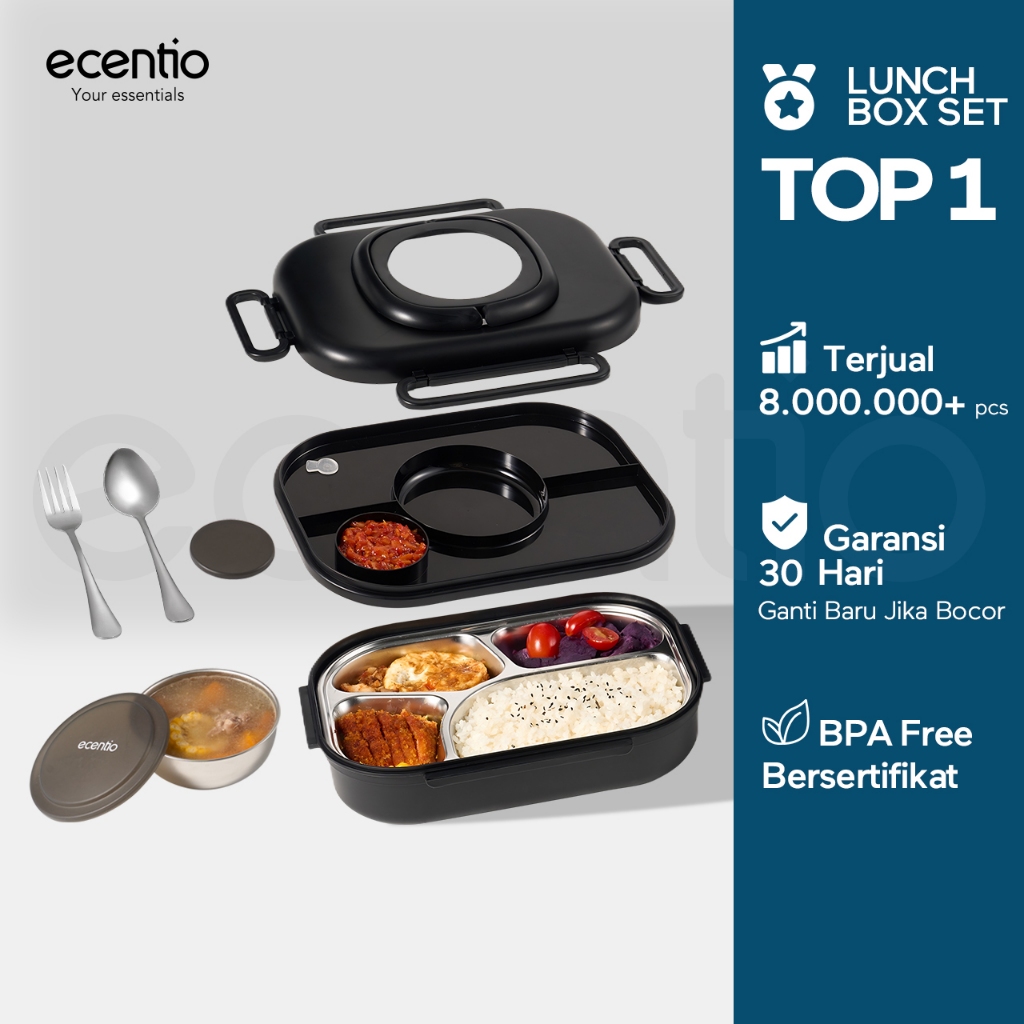 AlohaaaStore - ecentio 4 Sekat Kotak Makan Set 1100ml anti tumpah Lunch Box Set Stainless sendok