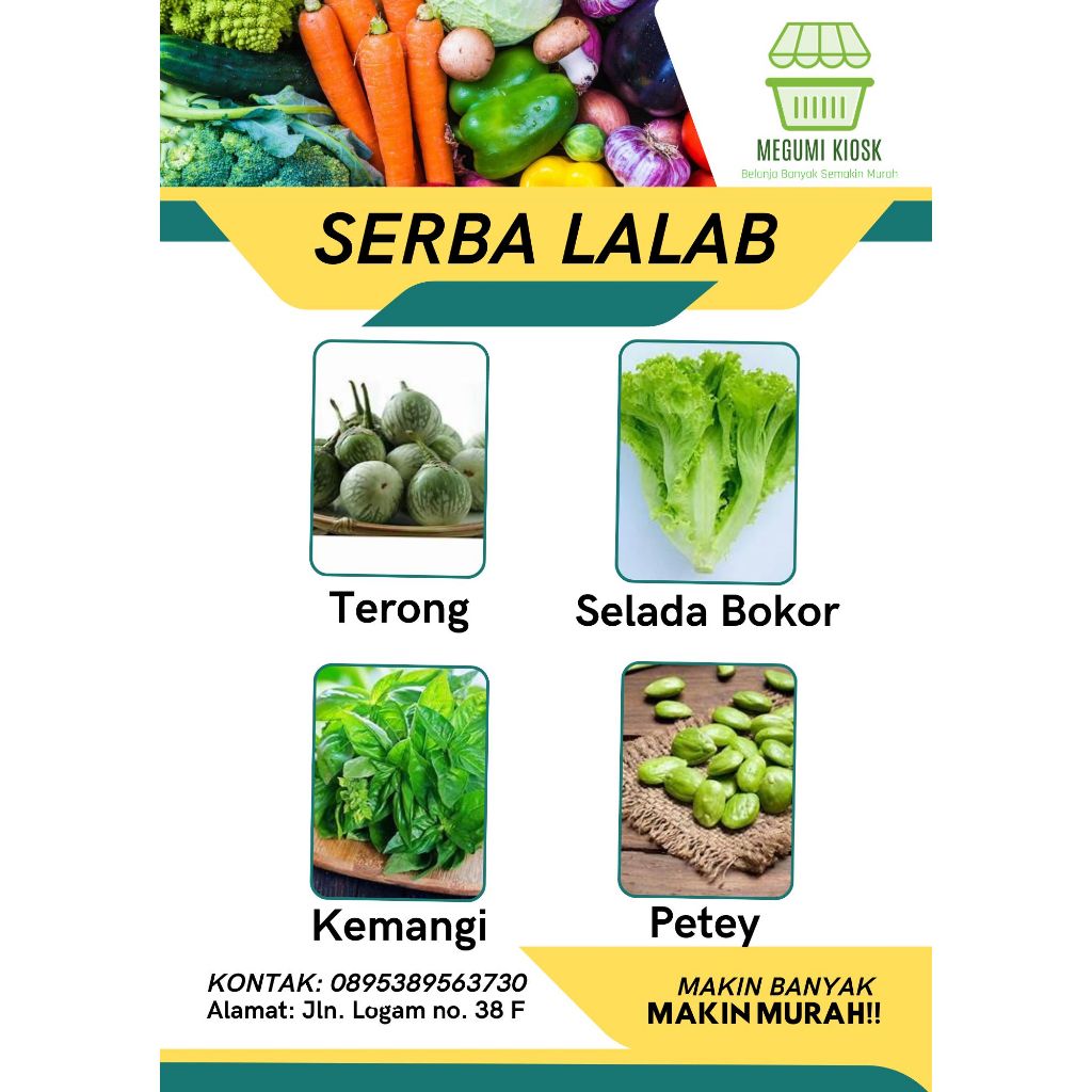 

Megumi Kiosk Serba Lalab Terong Selada bokor Petey Kacang panjang Kemangi Daun singkong Timun Kol