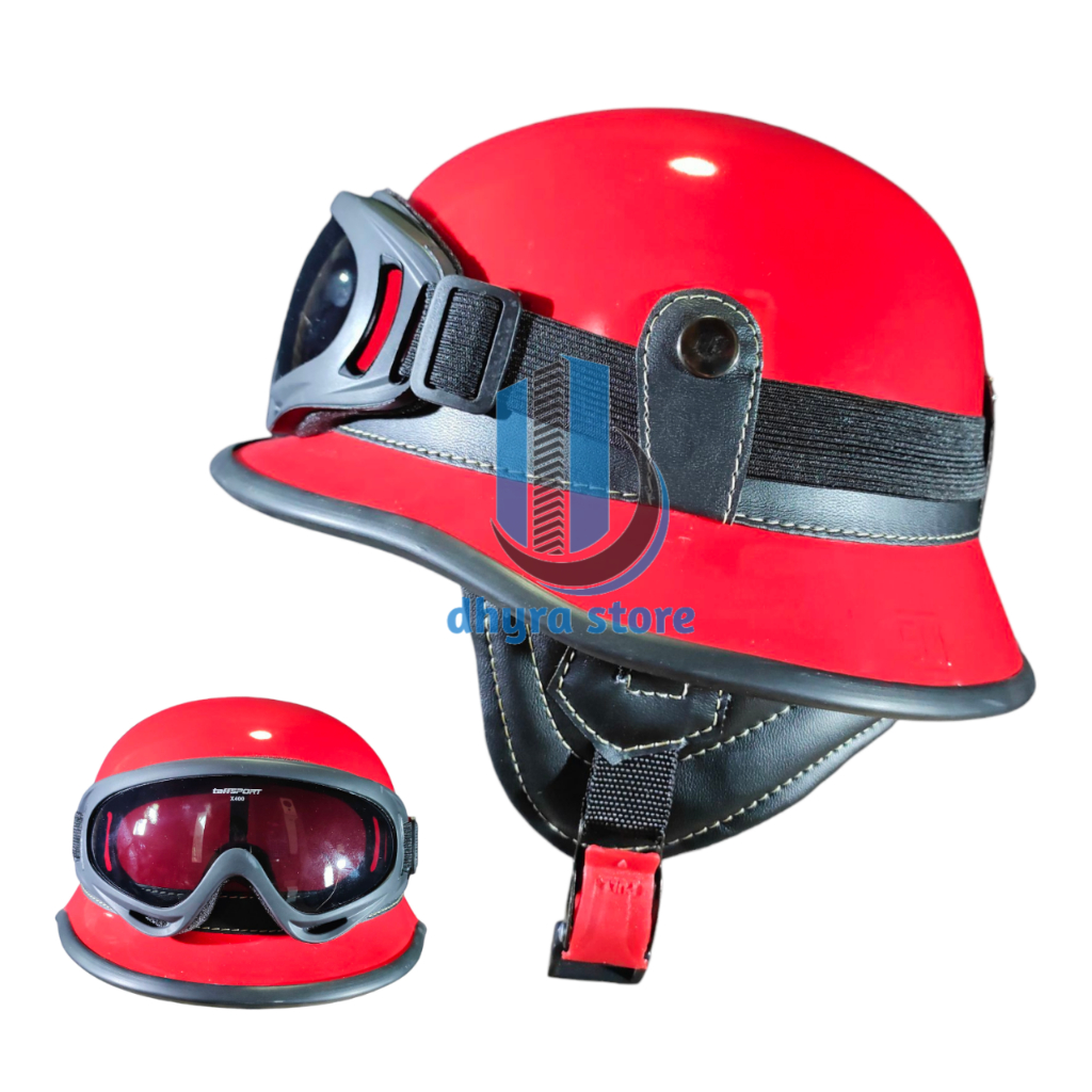 Helm Retro Club Milenial Nazi Cat Kuning/Krem/Putih/Hitam/Biru/Merah Glossy + Kacamata Goggles Ski