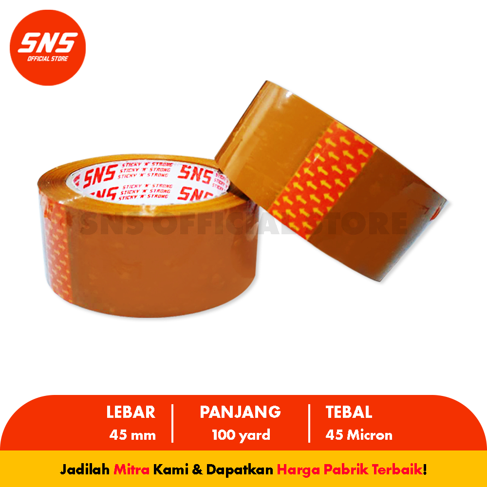 

Promo { 1 Karton } Lakban SNS Bening/Coklat 100 Yard 45 Micron Sameday Khusus Gojek Grab
