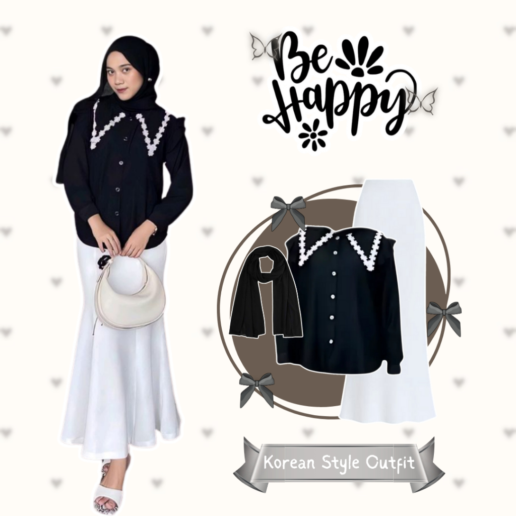 One Set Korean Style Hijab Kekinian | Blouse Renda, Rok Duyung, Pashmina | Outfit Old Money - SN007N