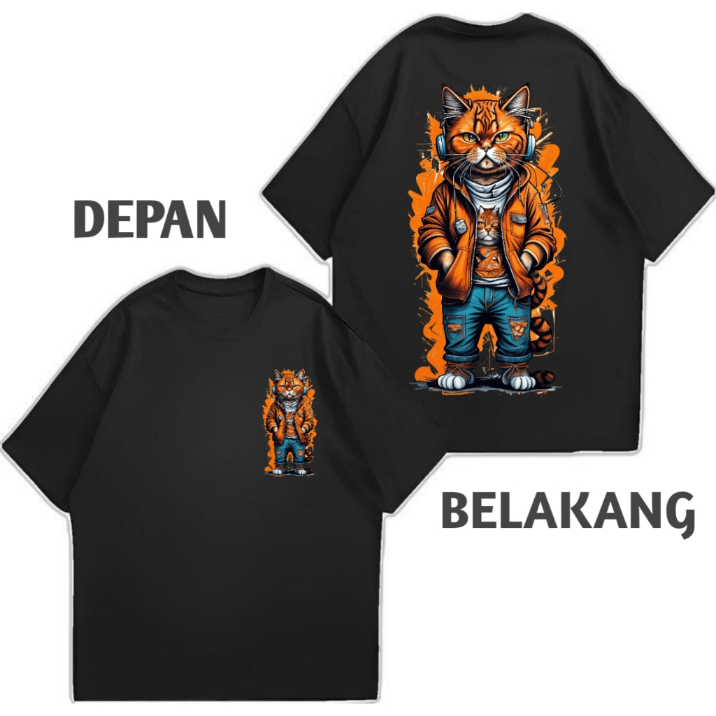 pakaian pria baju lengan pendek kaos distro kaos pria motif gambar besar depan belakang kucing 006