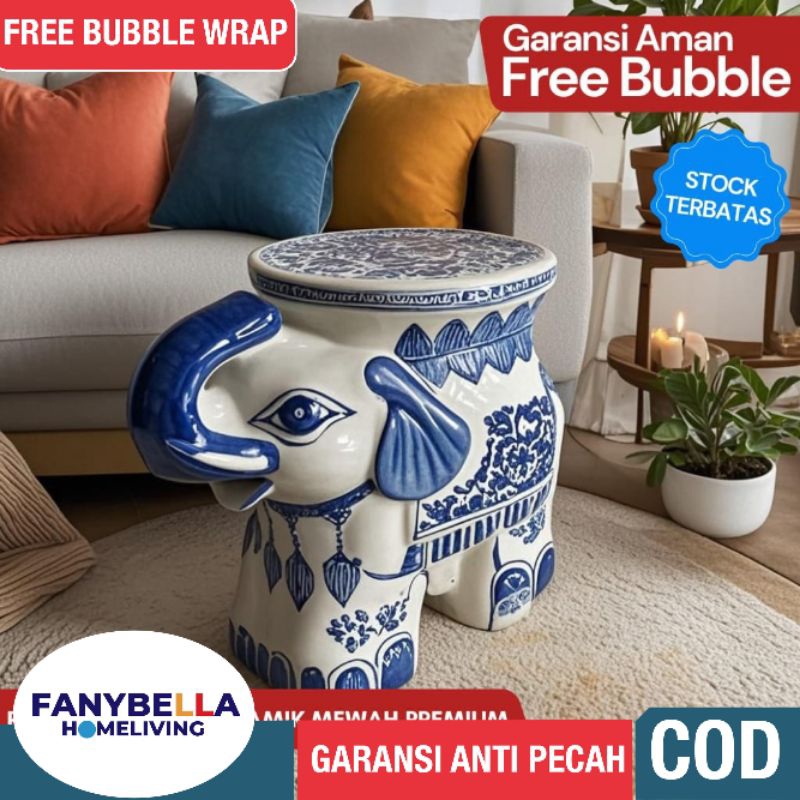 Pajangan Keramik Gajah Guci Porselen Biru Putih Import Dekorasi Rumah